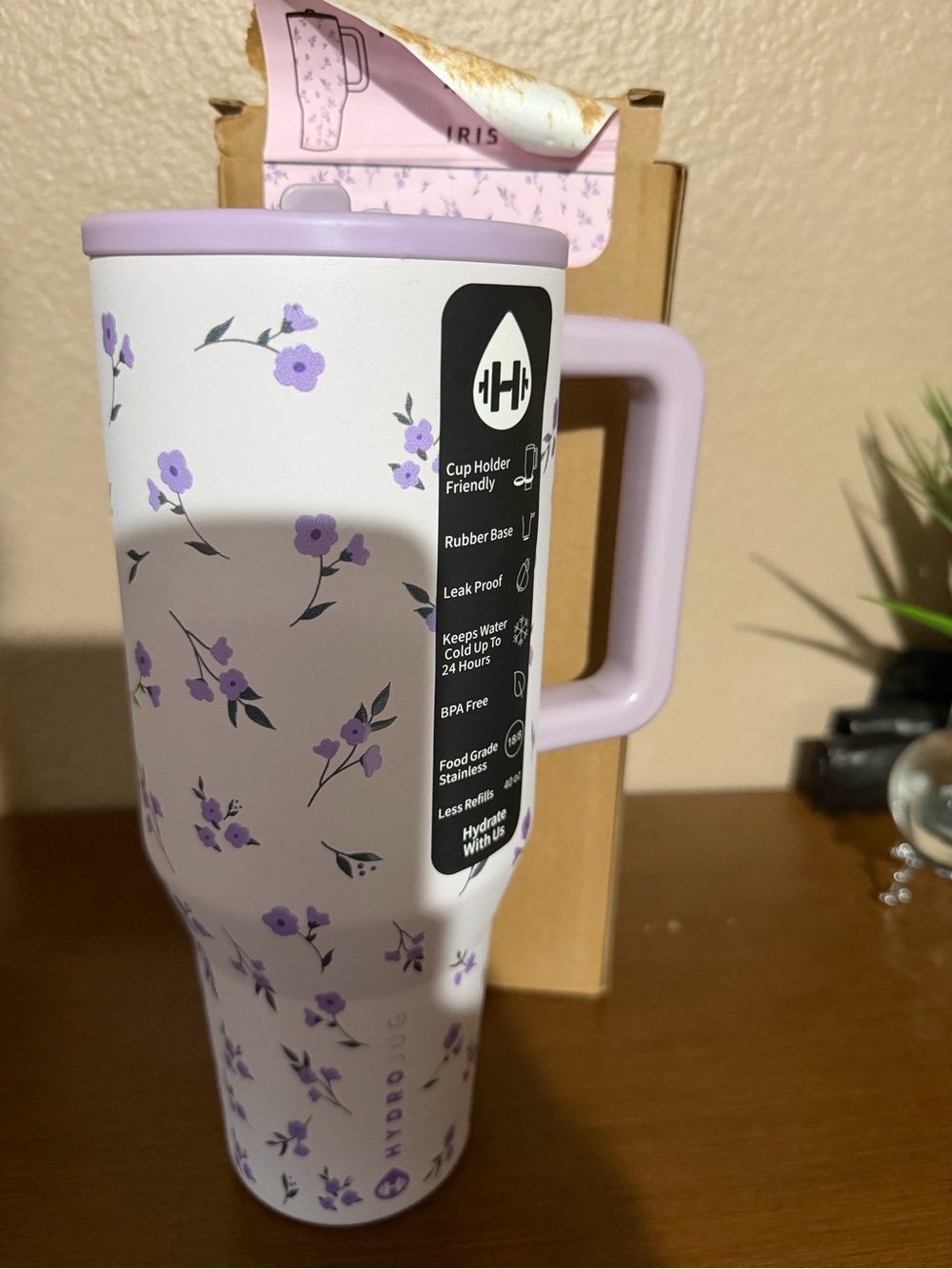 HydroJug White Travel Mug with Lavender Floral Print and Lavender Lid